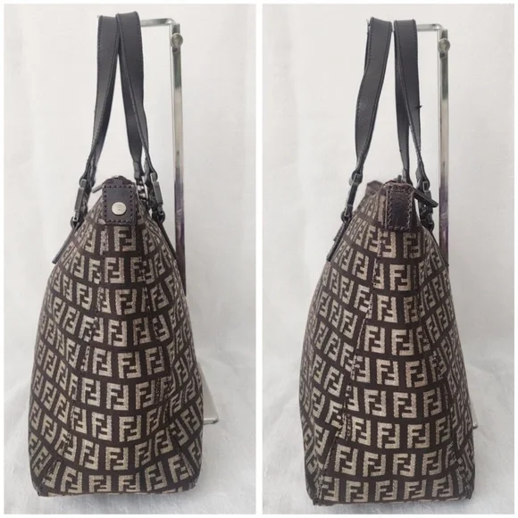 Vintage Fendi Zucchino FF Monogram Canvas Tote Bag Brown Leather Trim Italy - Picture 9 of 10
